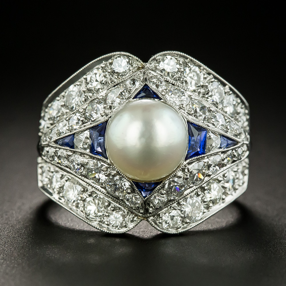 Art Deco Natural Pearl, Diamond, and Sapphire Ring - GIA