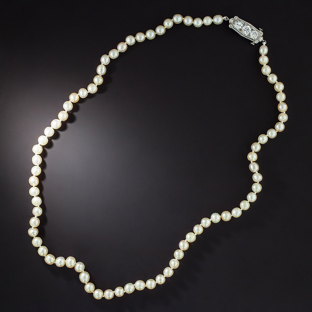 Art Deco Natural Pearl Strand with Diamond Clasp - GIA