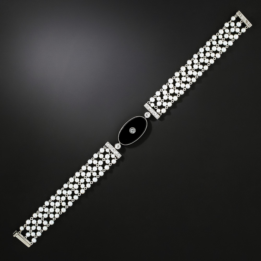 Art Deco Onyx, Diamond and Pearl Bracelet