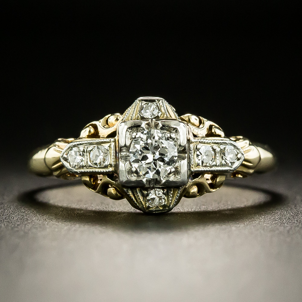 Art Deco Petite Two-Tone Diamond Engagement Ring