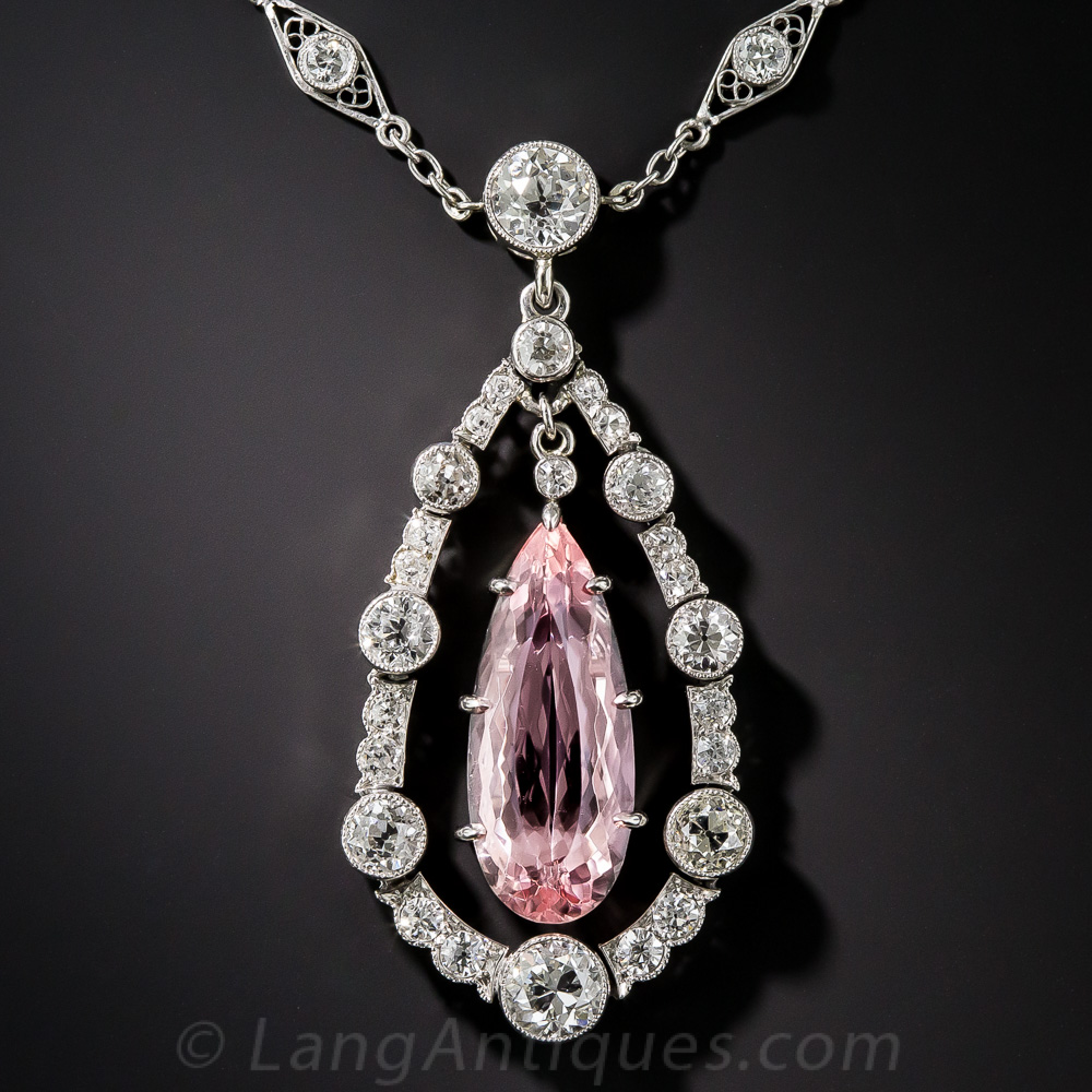 Art Deco Pink Topaz and Diamond Drop Pendant