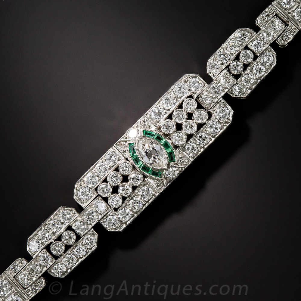 Art Deco Platinum, Diamond and Calibre Emerald Bracelet