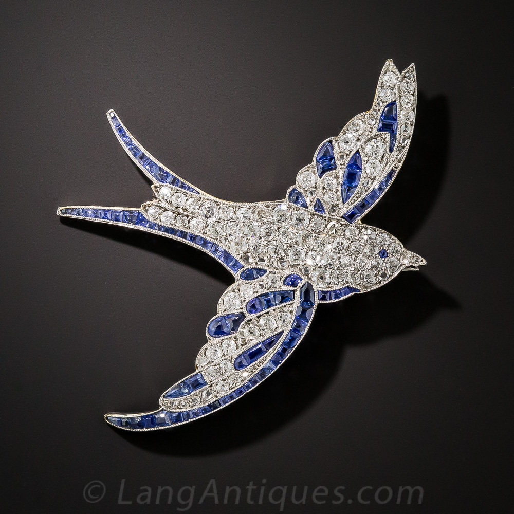 Art Deco Platinum Diamond and Sapphire Bird Pin