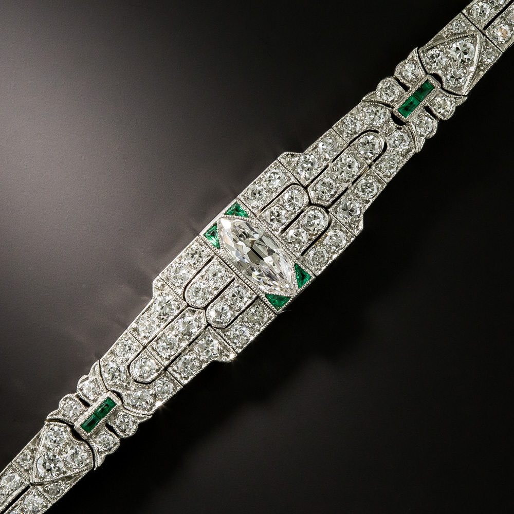 Art Deco Platinum Diamond Calibre Emerald Bracelet