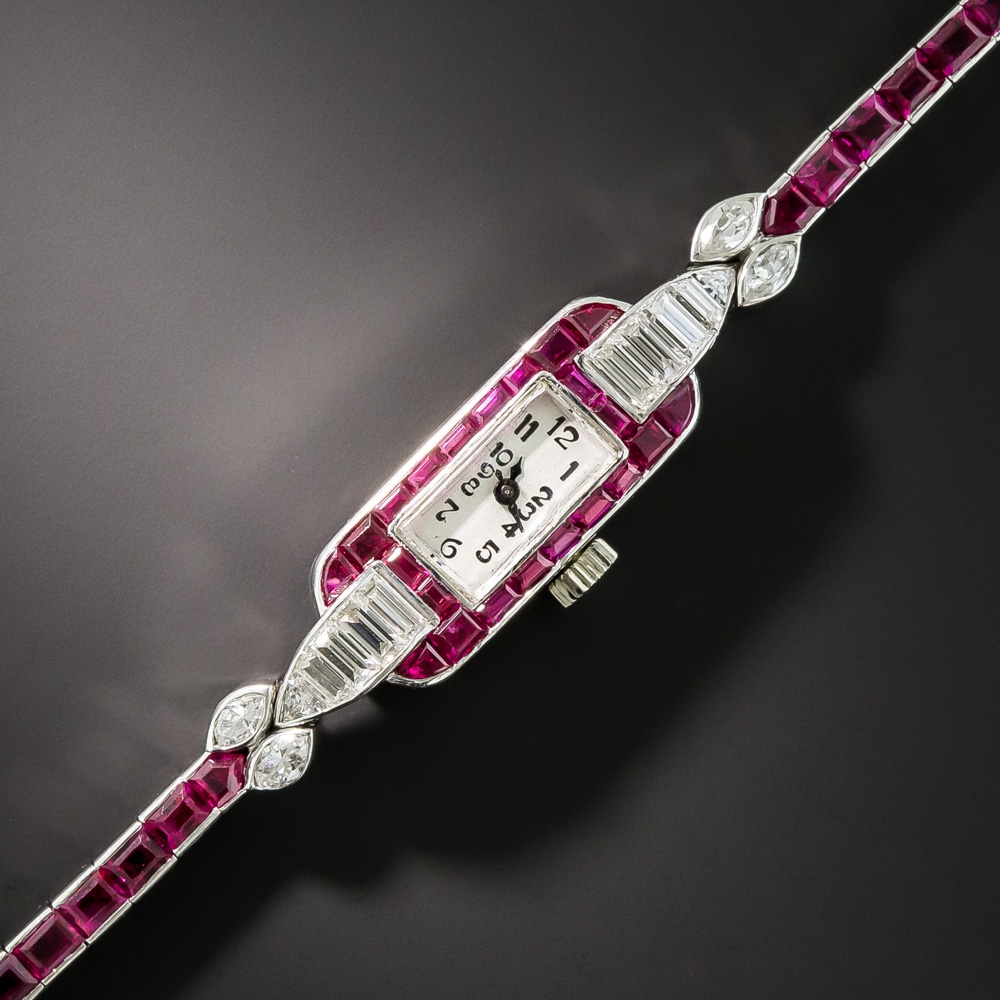 Art Deco Platinum Ruby and Diamond Bracelet Watch by Piaget