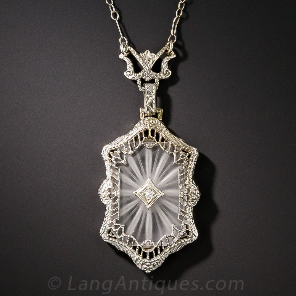 Art Deco Quartz Crystal Diamond Pendant Necklace