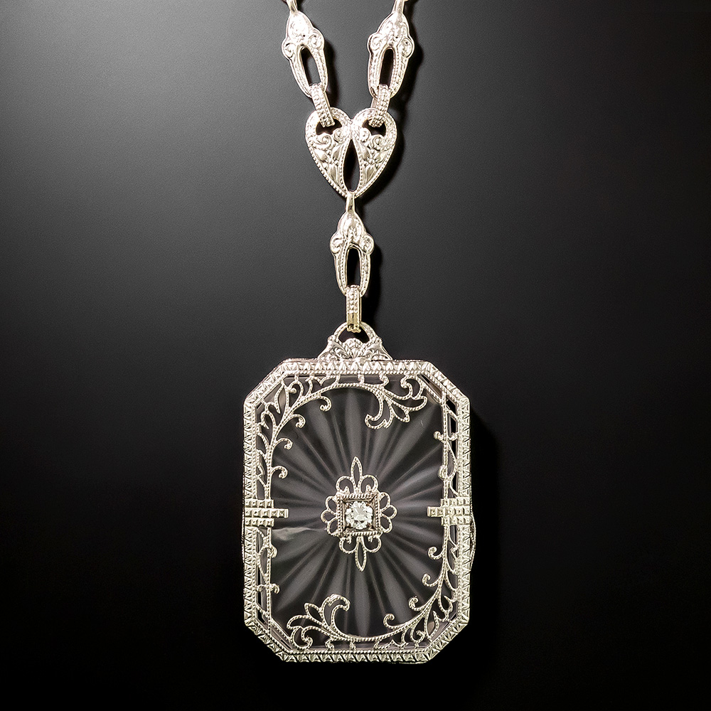 Art Deco Rock Crystal and Diamond Filigree Necklace display picture 1