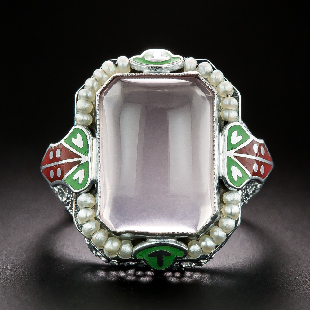 Art Deco Rose Quartz and Pearl Enamel Filigree Ring by