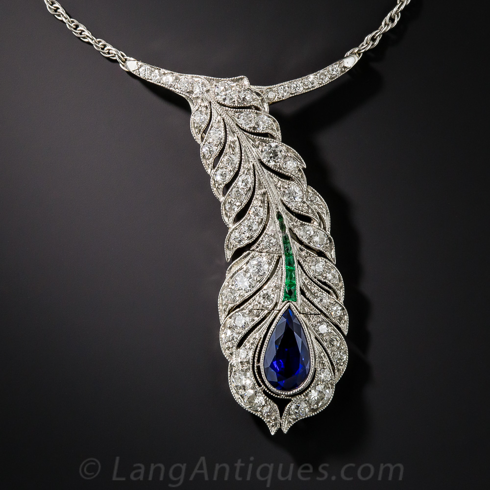 Art Deco Sapphire and Diamond Peacock Plume Necklace