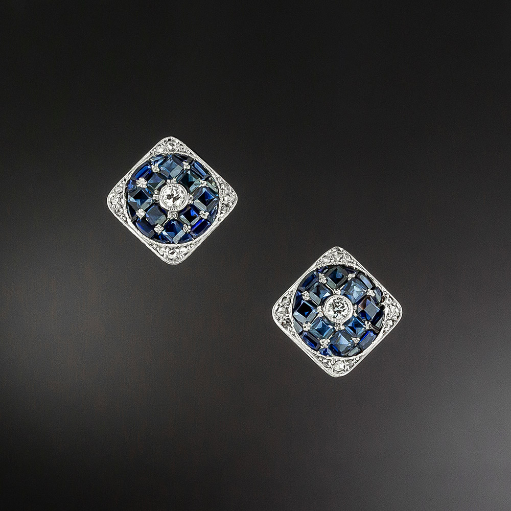 Art Deco Sapphire and Diamond Stud Earrings