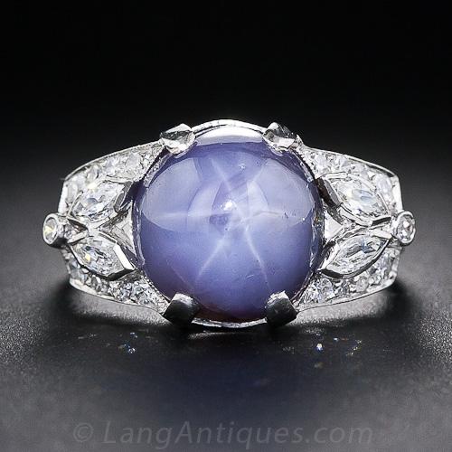 Art Deco Star Sapphire and Diamond Ring in Platinum