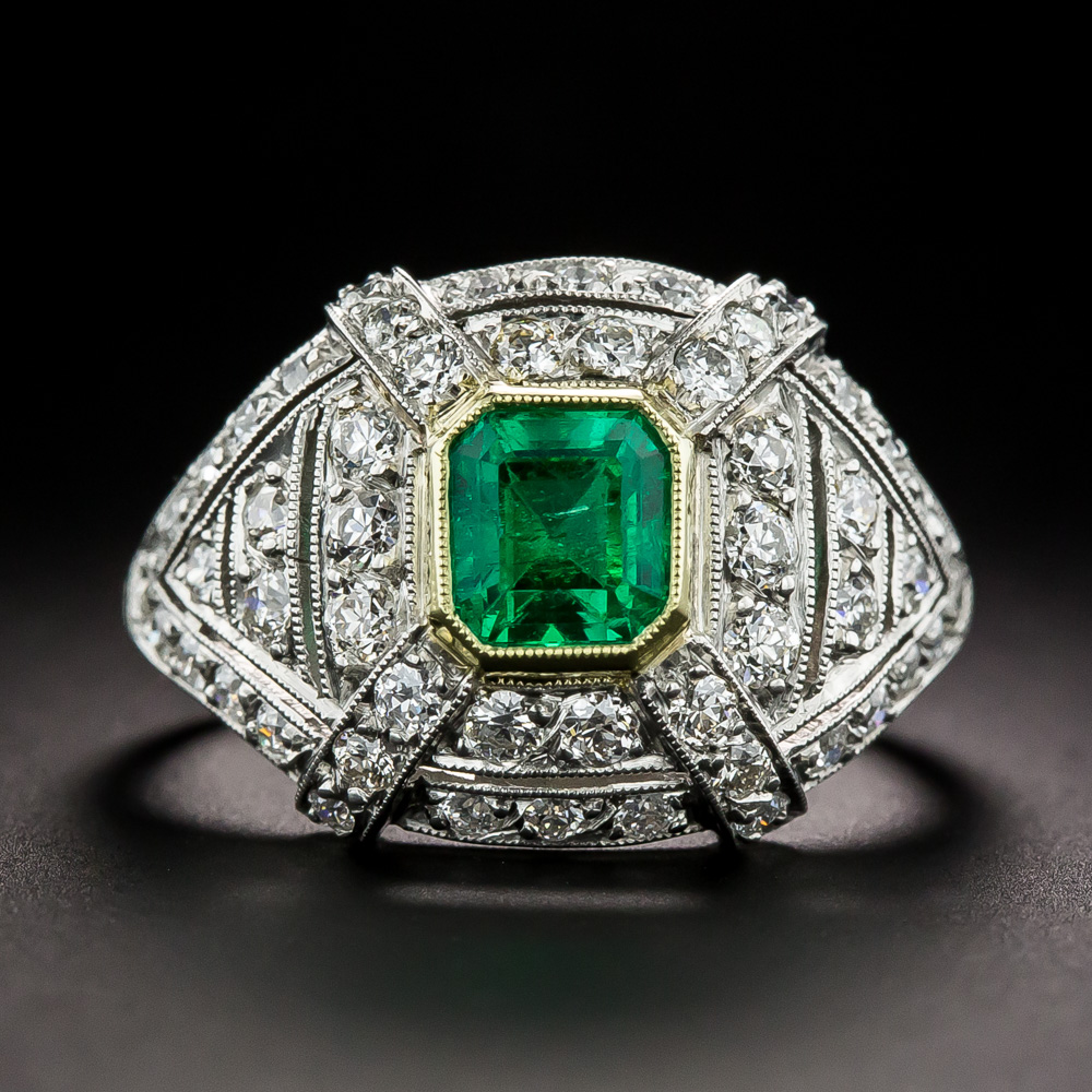 Art Deco-Style 0.88 Carat Emerald and Diamond Ring