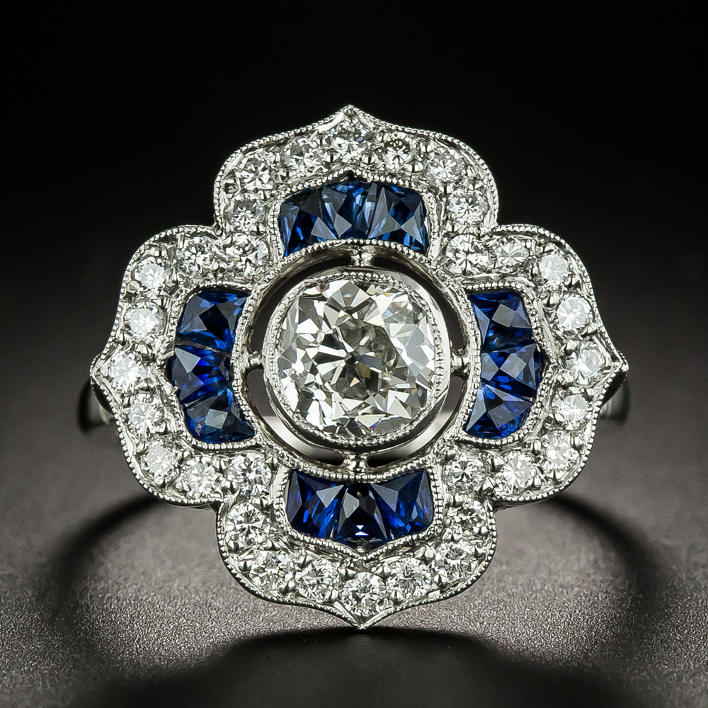 Art Deco-Style Carat Diamond and Sapphire Ring GIA H VS2