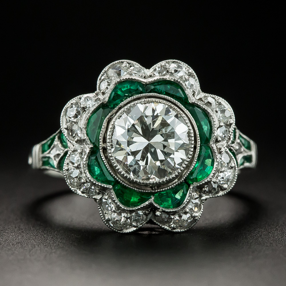 Art Deco Style 1.25 Carat Diamond and Calibre Emerald Ring