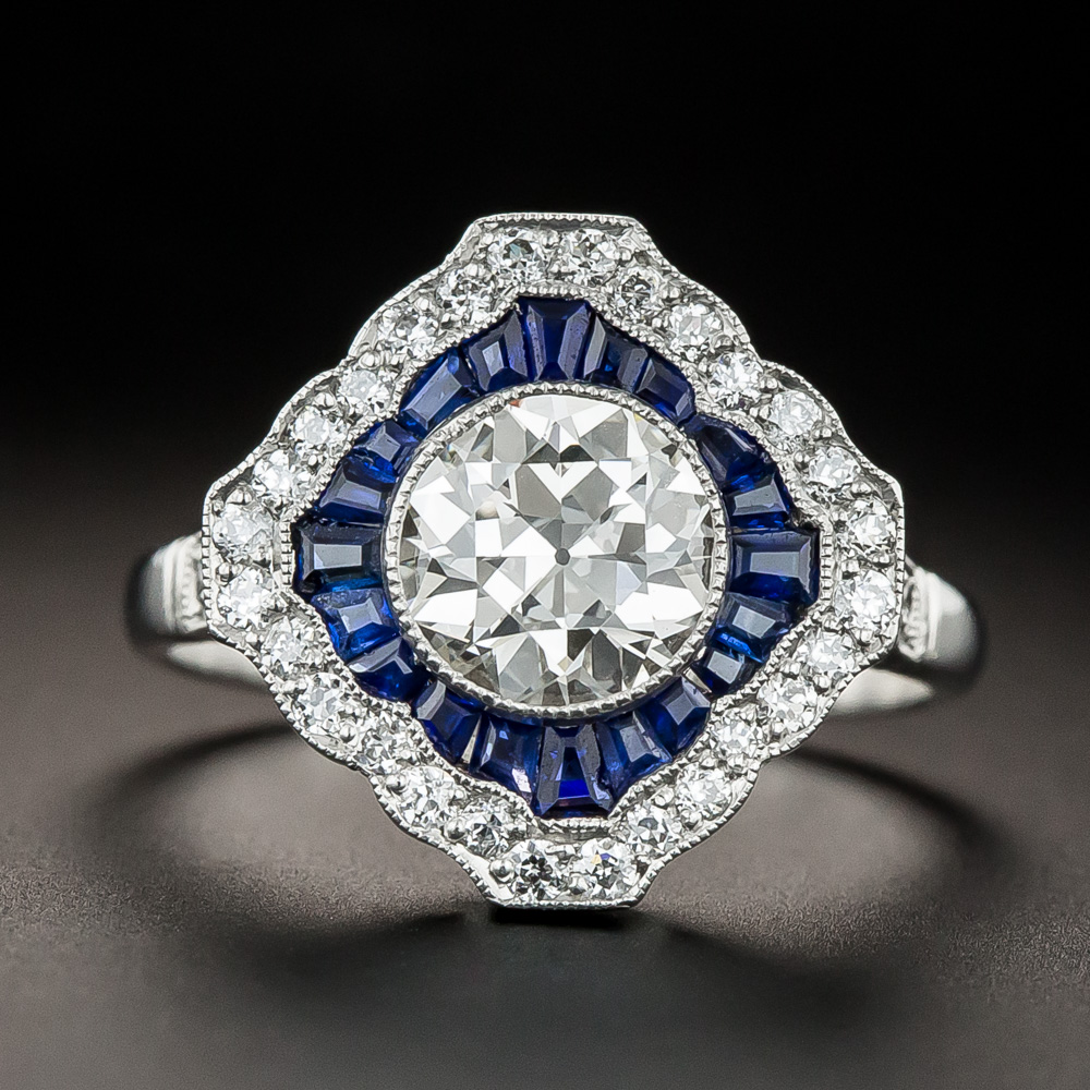 Art Deco-Style 1.29 Carat Diamond and Calibre Sapphire Ring - GIA J VS2