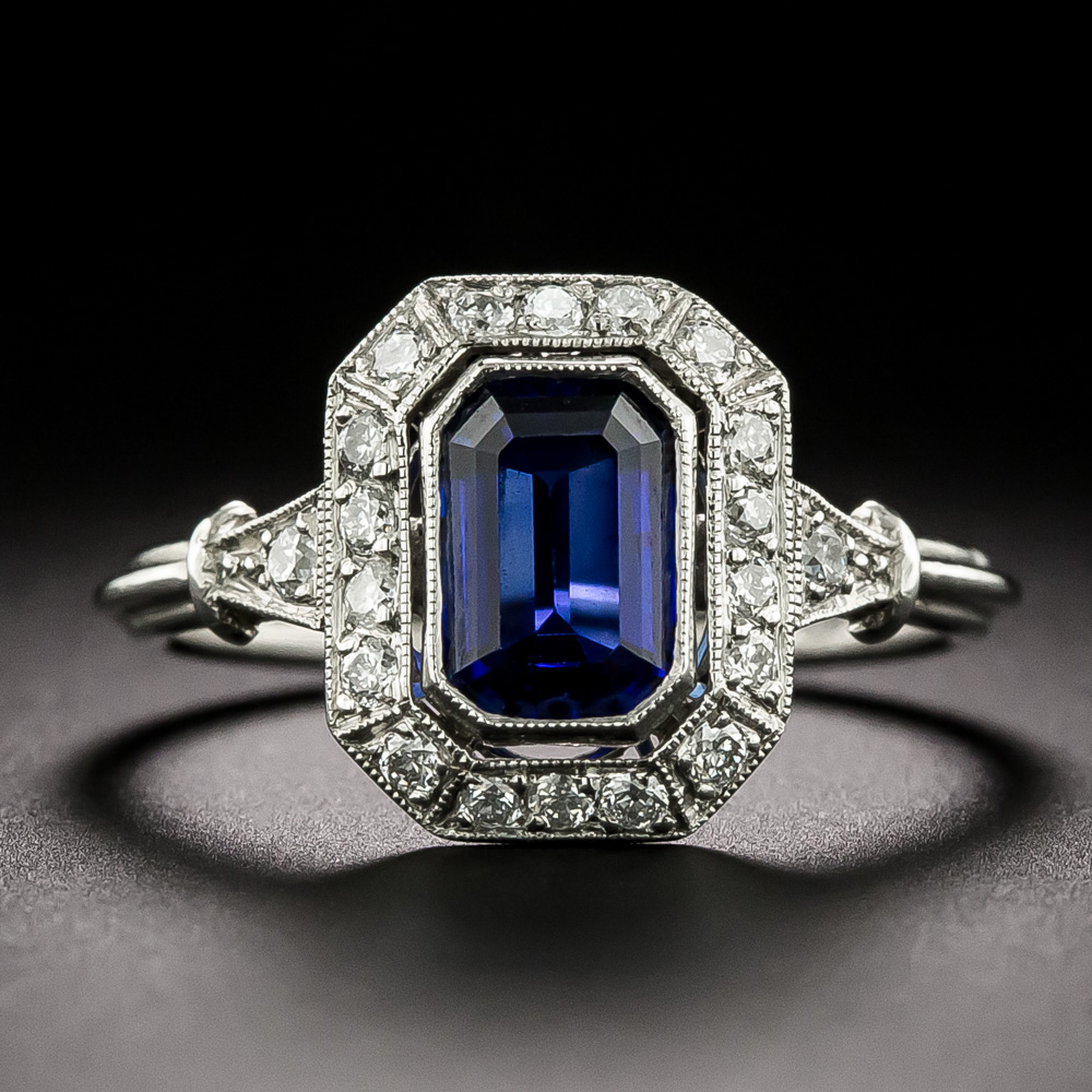 Art Deco-Style 1.35 Carat Emerald Cut Sapphire and Diamond Ring - GIA