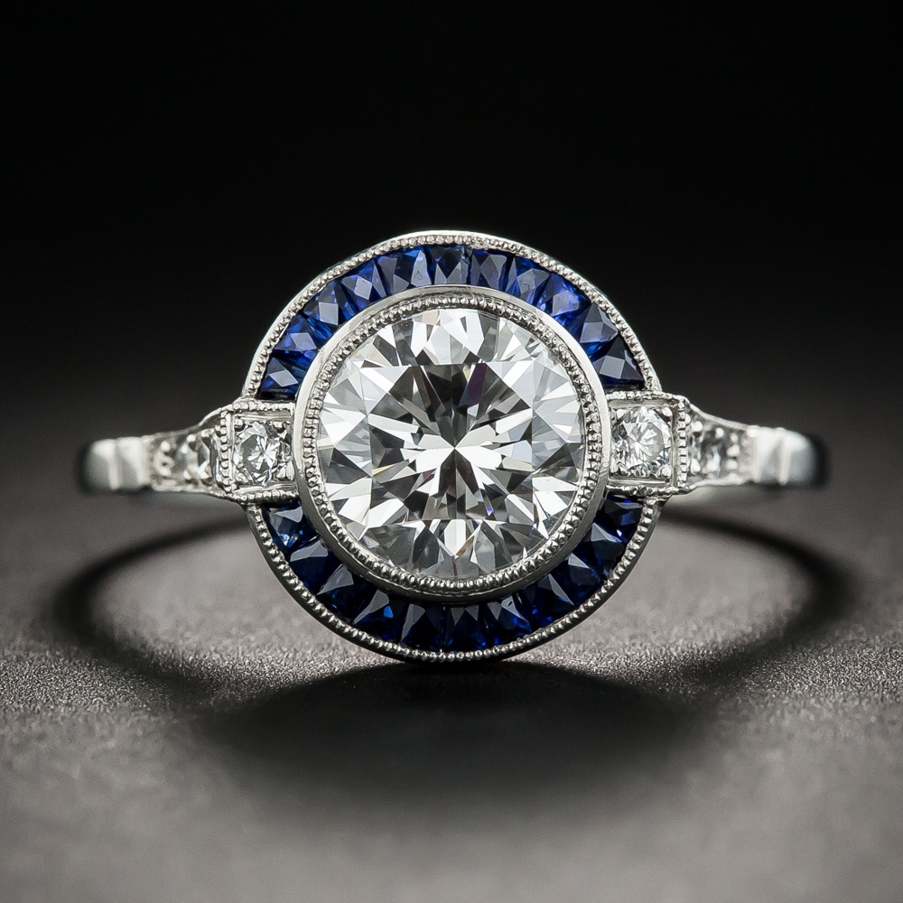 Art Deco Style 1.64 Carat Diamond Platinum Sapphire Engagement Ring