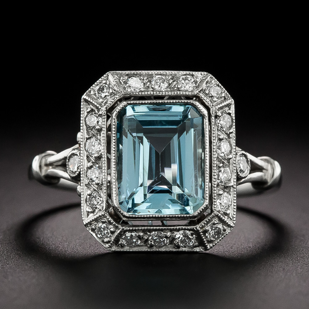 Art Deco-Style 1.77 Carat Aquamarine and Diamond Ring