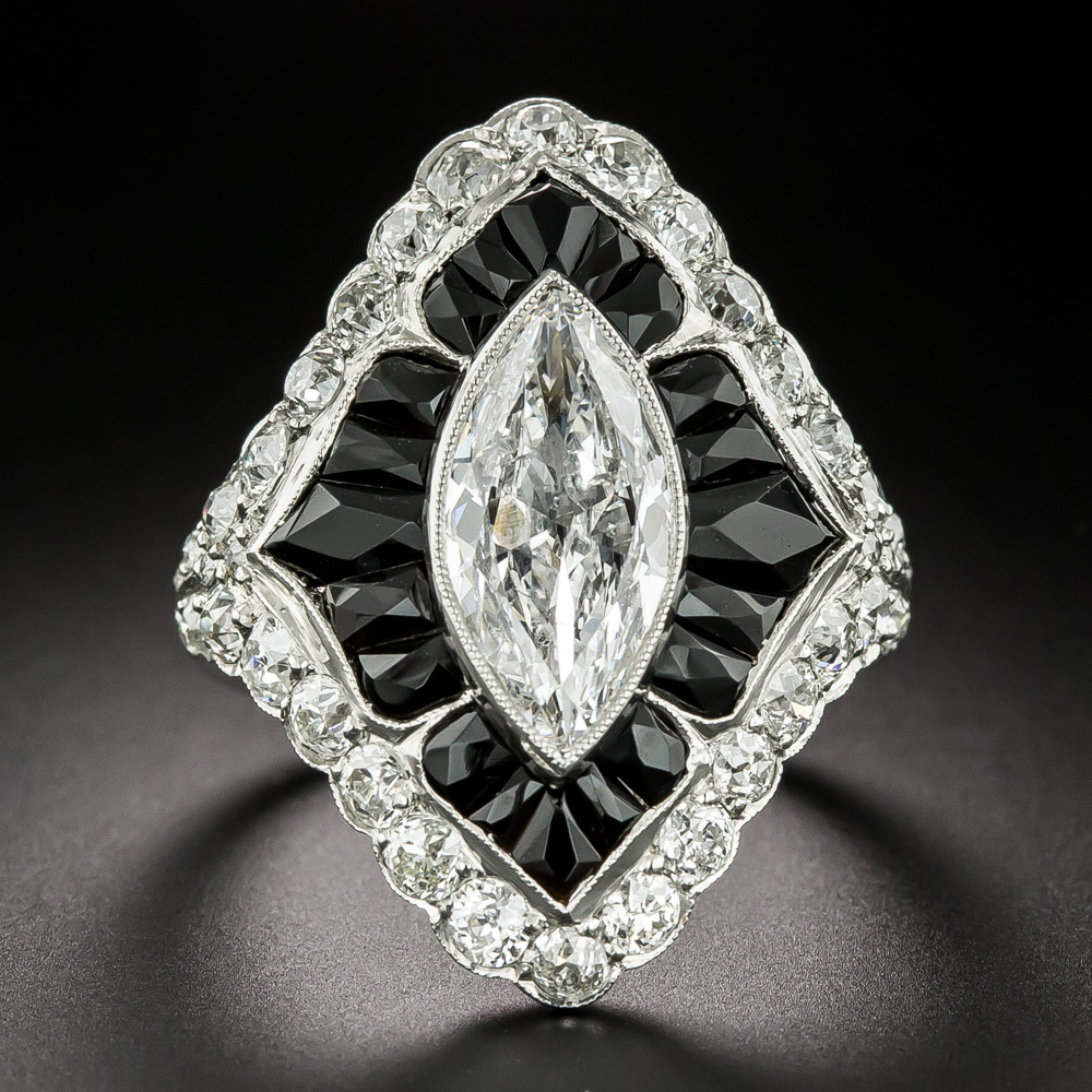 Art Deco-Style 2.22 Carat Marquise-Cut Diamond and Onyx Ring - GIA D I1,  Size 8 1/2