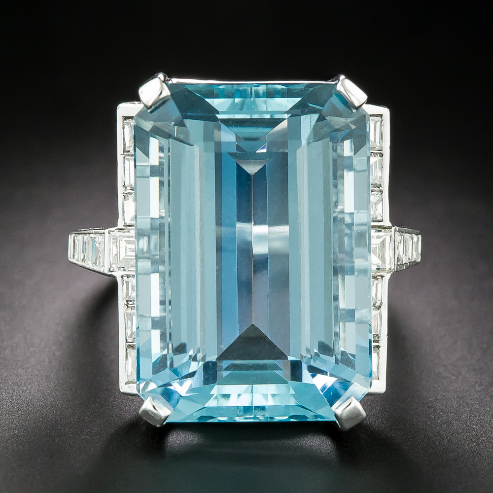 Art Deco-Style 35.62 Carat Aquamarine and Diamond Ring