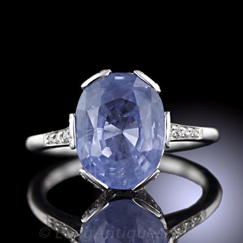 Art Deco Style 5.21 Carat Natural Sapphire and Diamond Ring