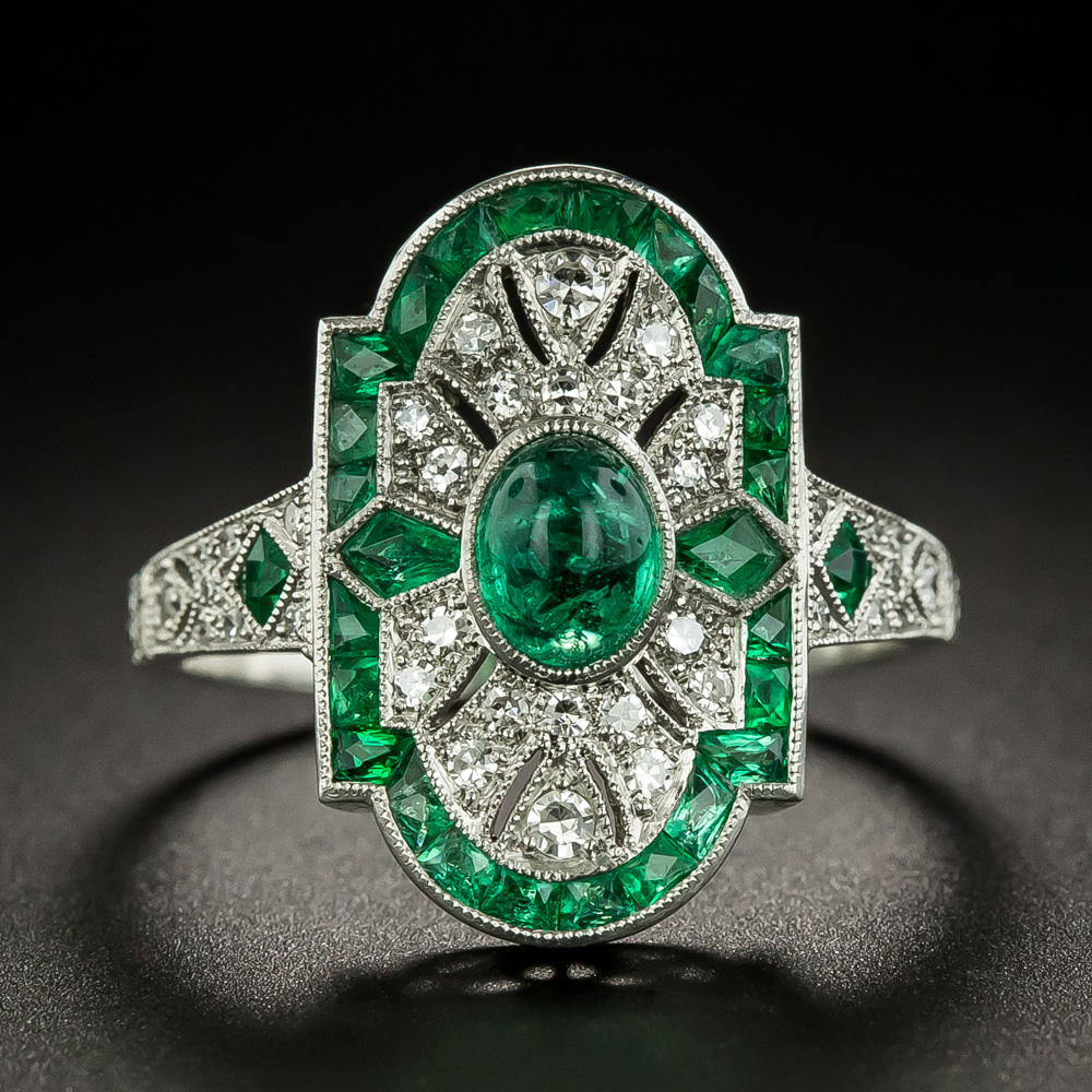 Art Deco Style Cabochon Emerald and Diamond Ring