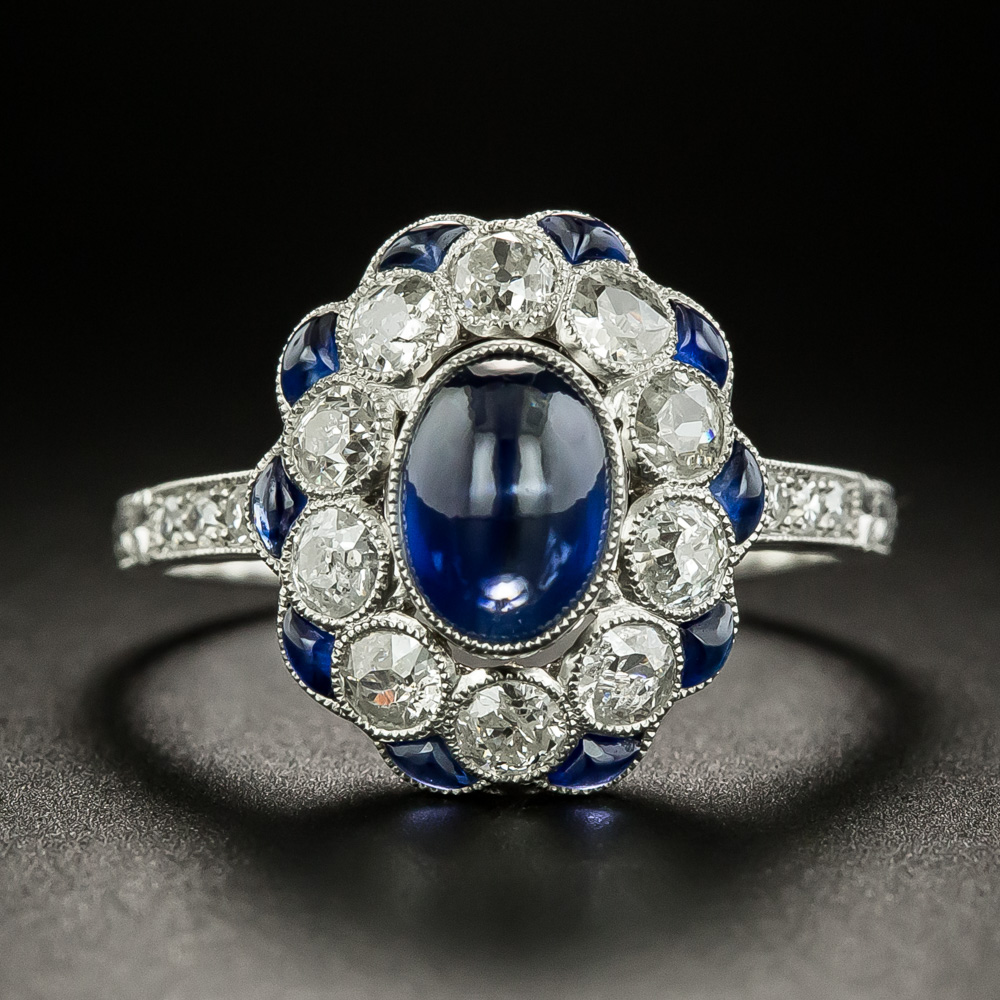 Art Deco-Style Cabochon Sapphire and Diamond Ring