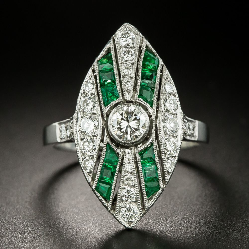 Art Deco Style Diamond and Emerald Dinner Ring