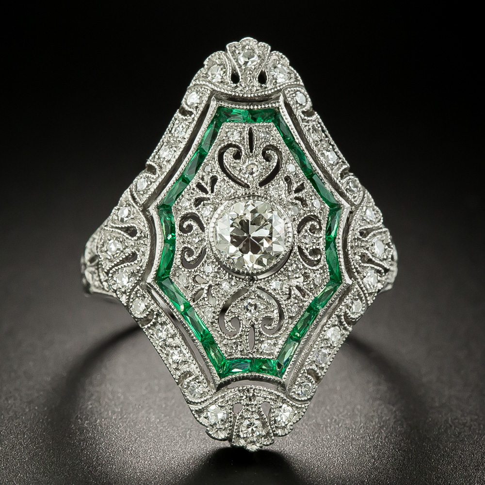 Art Deco Style Diamond And Emerald Dinner Ring