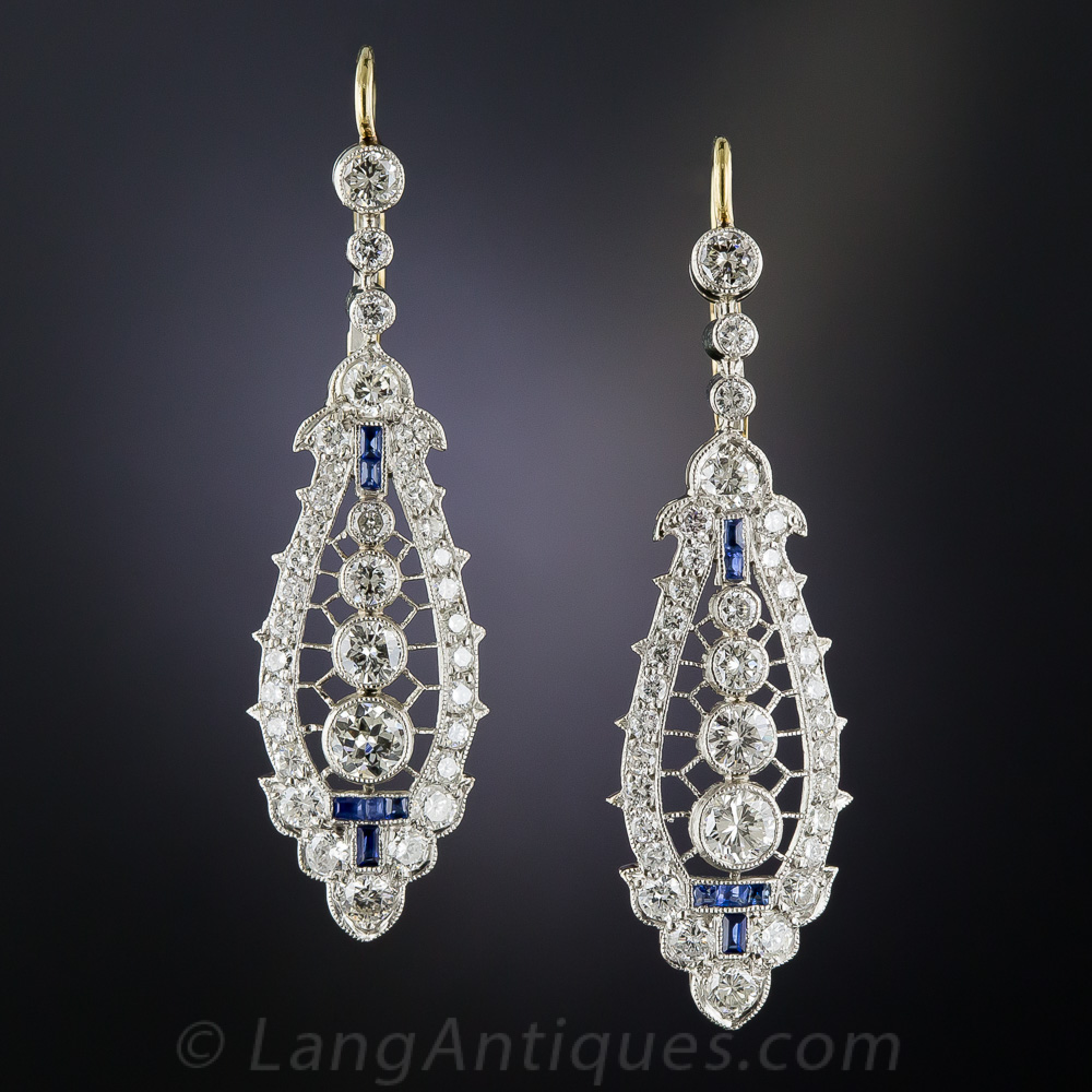 Art Deco Style Diamond and Sapphire Drop Earrings