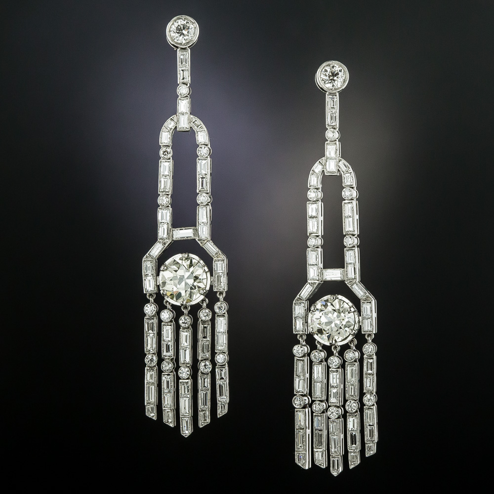 Art Deco Style Diamond Drop Earrings with 2.89 Carat Center Diamonds - GIA