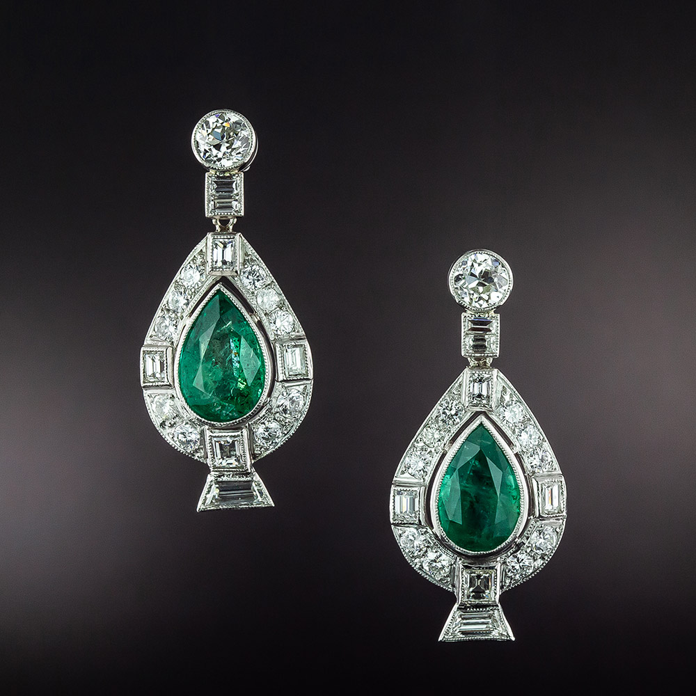 Art Deco Style Emerald and Diamond Dangle Earrings