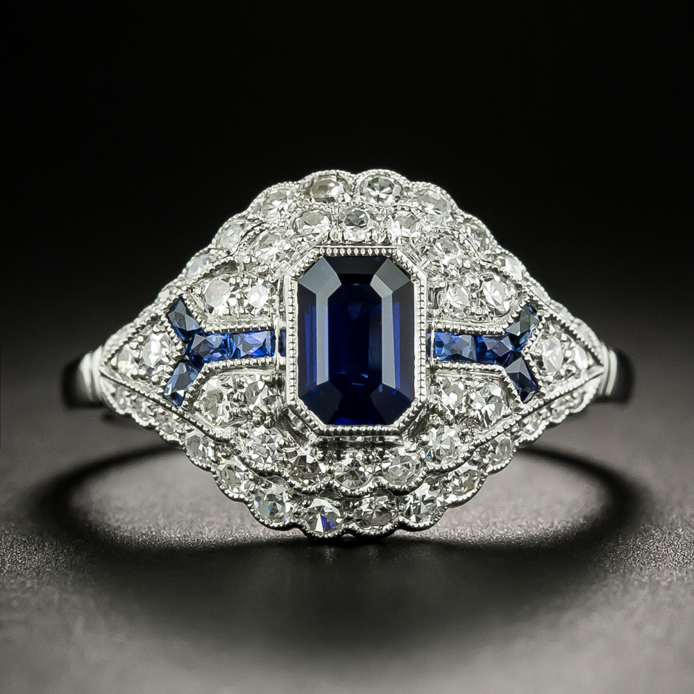 Art Deco Style Emerald-Cut Sapphire and Diamond Ring