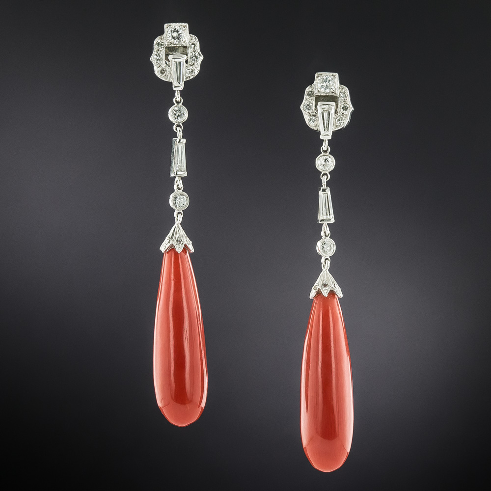 Art Deco-Style Long Coral and Diamond Dangle Earrings