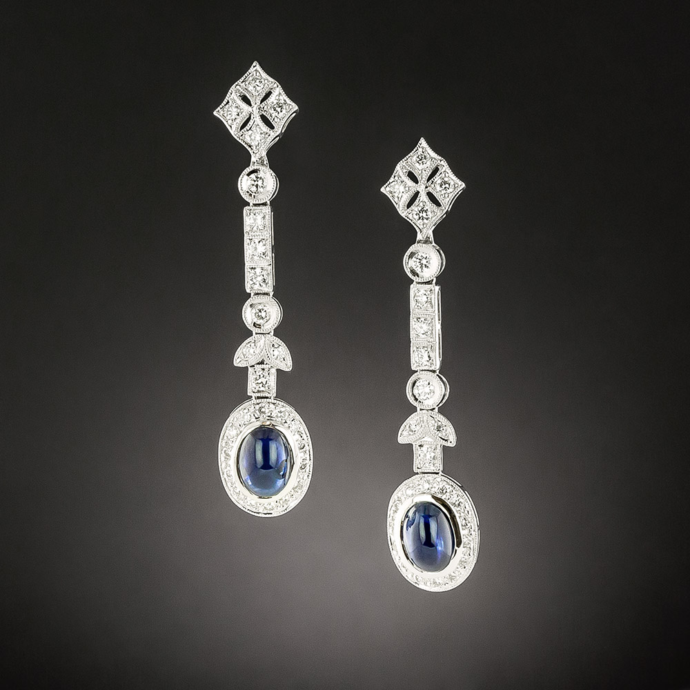 Art Deco Style No-Heat Cabochon Sapphire and Diamond Dangle Earrings