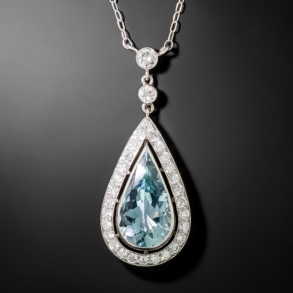 Art Deco Style Pear-Shaped Aquamarine and Diamond Pendant