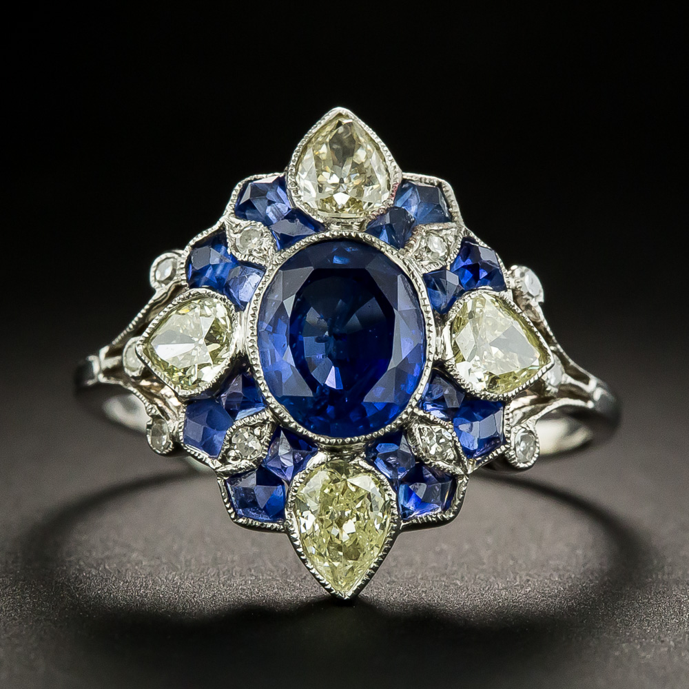 Art Deco Style Sapphire and Pear Shape Diamond Ring
