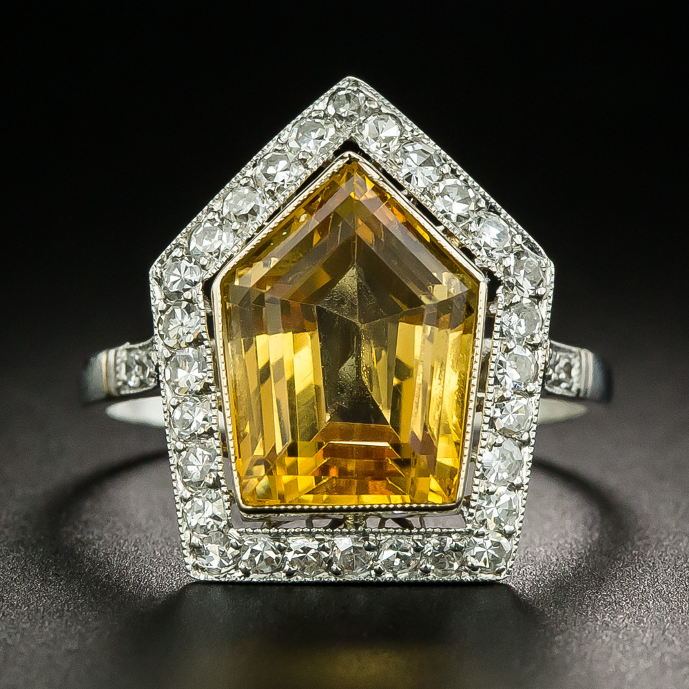 Art Deco-Style Shield-Shaped Citrine and Diamond Ring