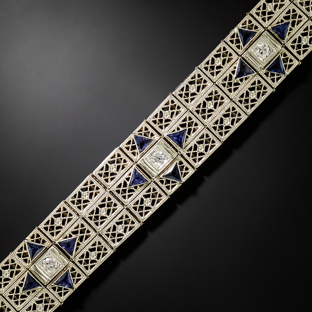 Art Deco Three-Row Diamond And *Sapphire Filigree Bracelet