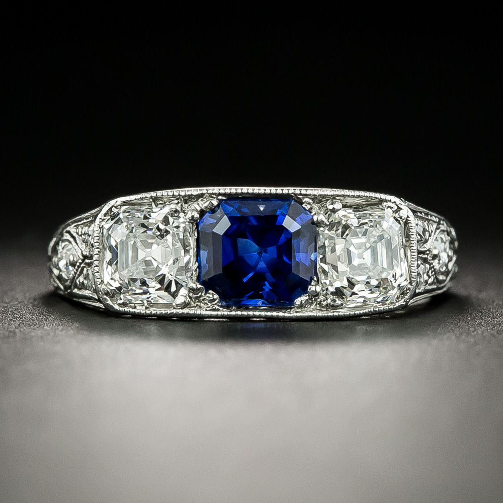 Art Deco Tiffany & Co. No Heat Sapphire and Diamond Three-Stone Ring