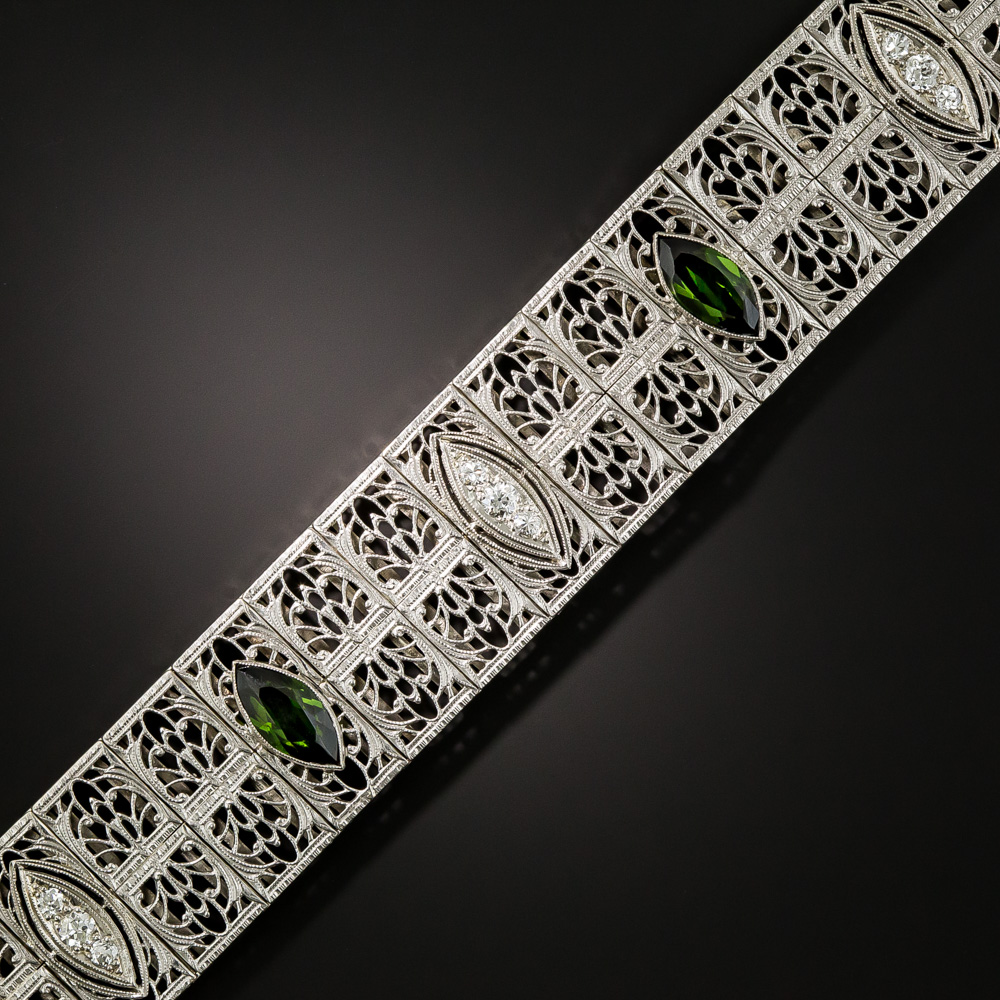 Art Deco Tourmaline and Diamond Filigree Bracelet by Charles Keller
