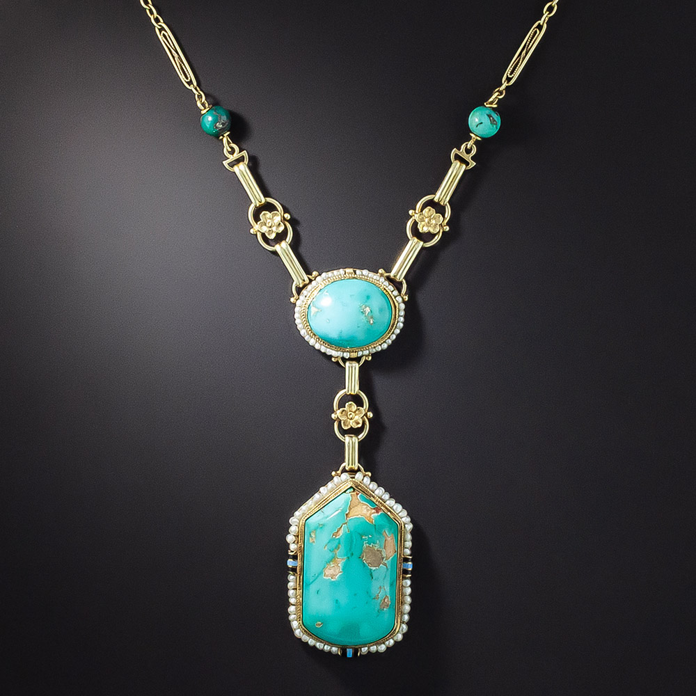 Art Deco Turquoise, Enamel, and Seed Pearl Necklace
