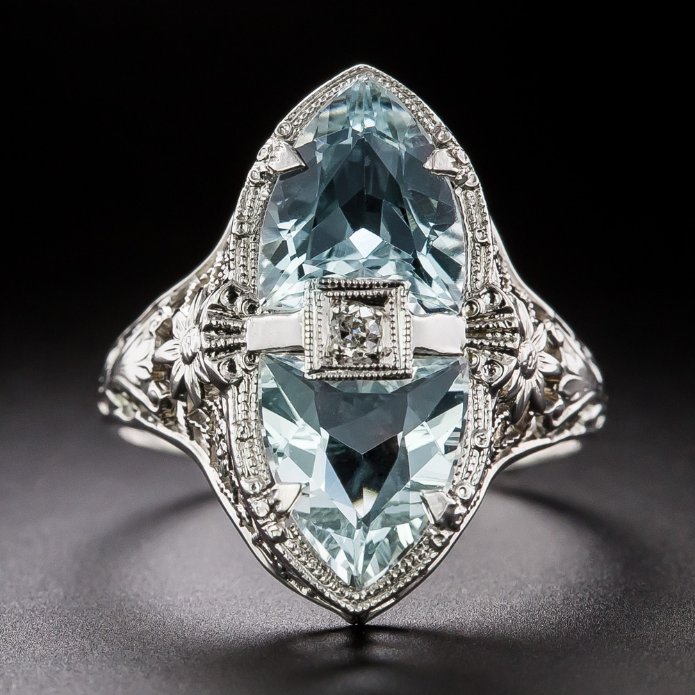 Art Deco Twin Aquamarine and Diamond Filigree Ring