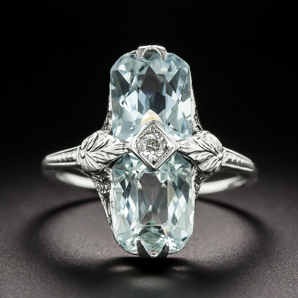 Art Deco Twin Aquamarine and Diamond Ring