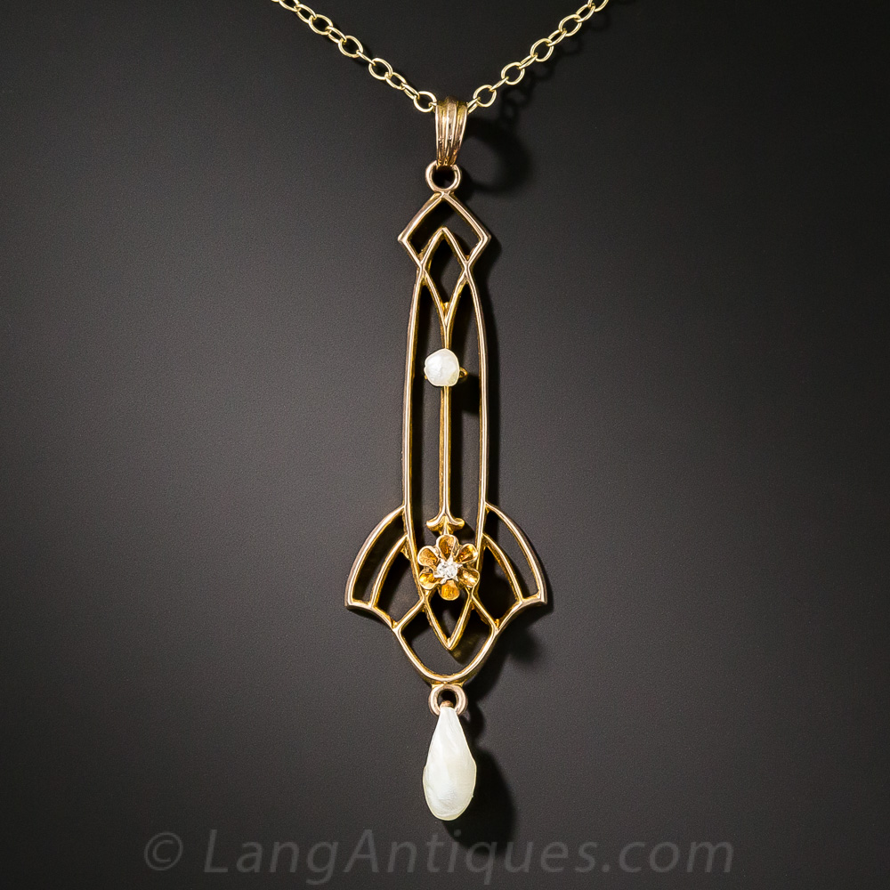Art Nouveau Diamond and Pearl Pendant