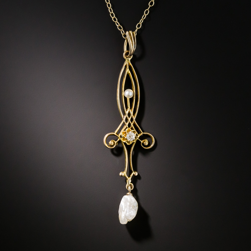 Art Nouveau Diamond and Pearl Pendant