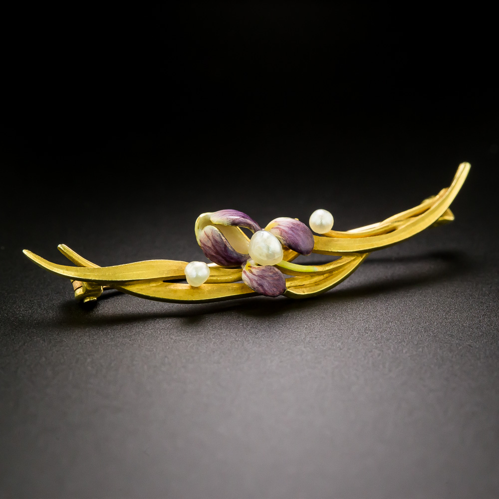 Art Nouveau Enamel and Pearl Iris Brooch by Krementz