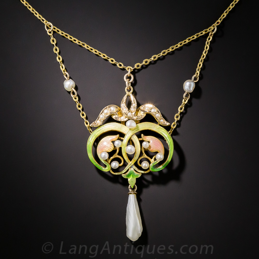 Art Nouveau Enamel and Pearl Lavaliere Necklace