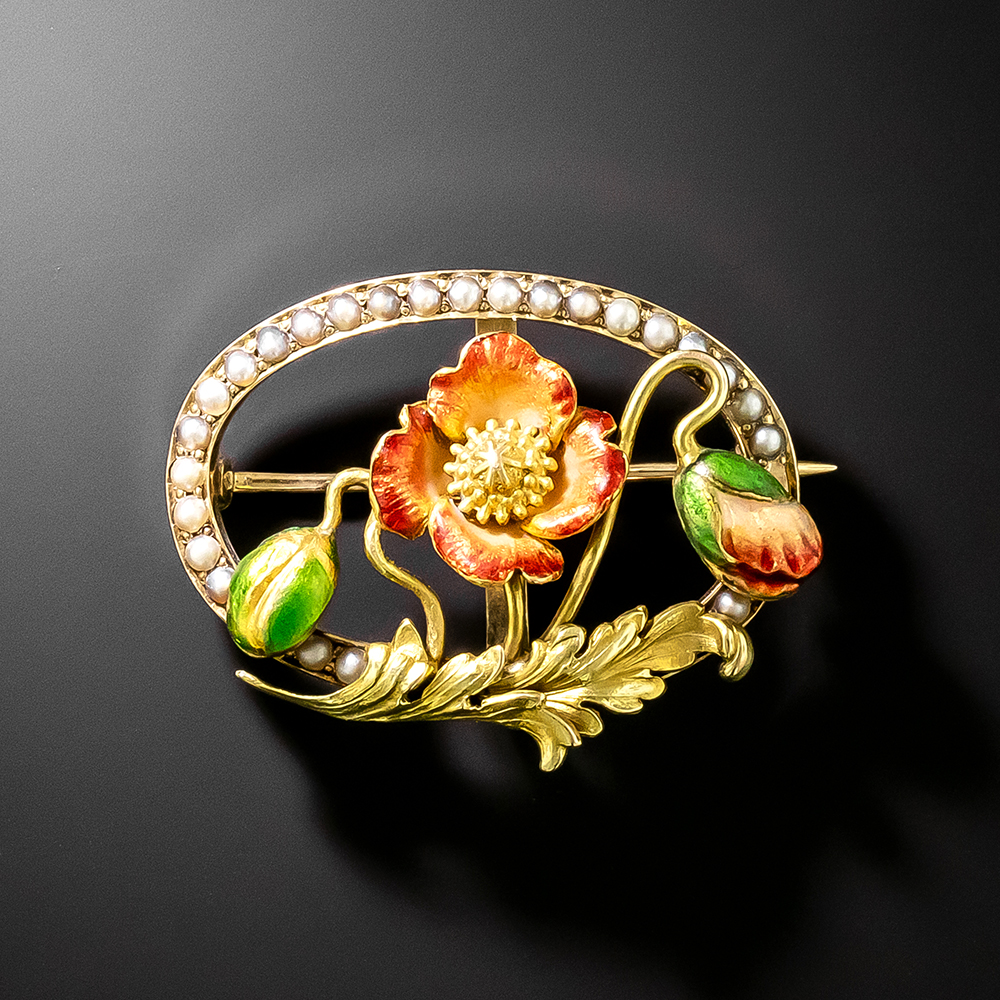 Art Nouveau Enamel and Seed Pearl Flower Brooch by Bippart & Co.