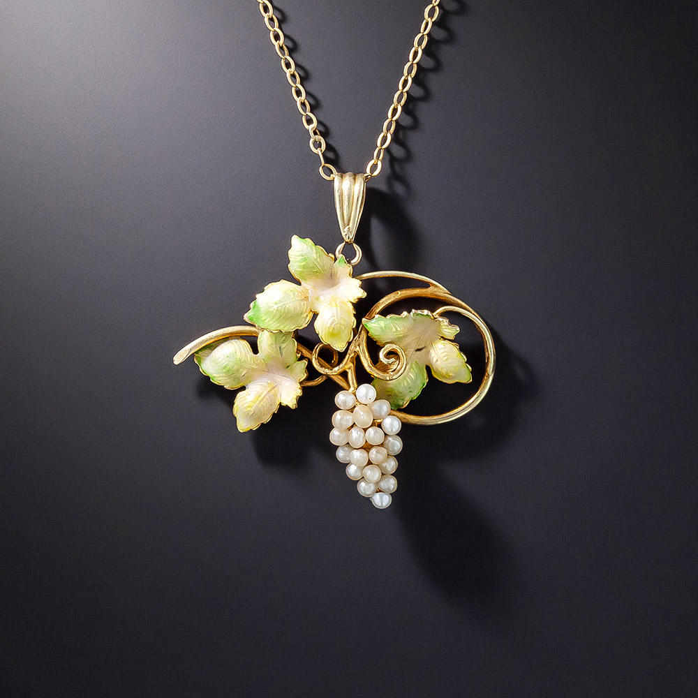 Art Nouveau Enamel and Seed Pearl Grape Cluster Pendant
